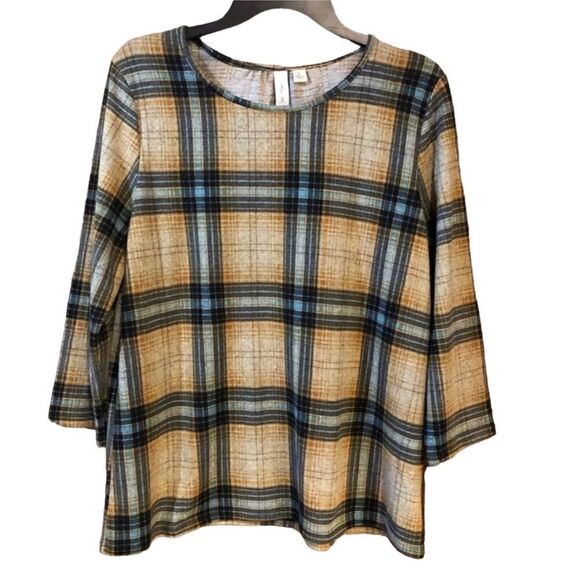 Tacera Sz L Yellow Blue Plaid Collegiate Academia Flannel Gorpcore Top - Picture 1 of 9